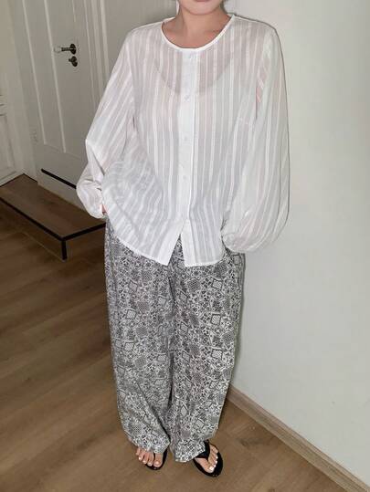 Dazy Plus Plus Size Women Long Sleeve Button-Up Top And Allover Print Pants Pajama Set