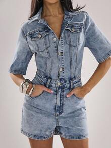 SHEIN BAE Women's Spring/Summer Washed Dark Denim Jumpsuit, Suitable For Night Out, Streetwear, Cute, Back To School, Sexy, Music Festival, Casual Occasions. Denim Romper, Denim Girl, Western Style - Medium Wash - View 4