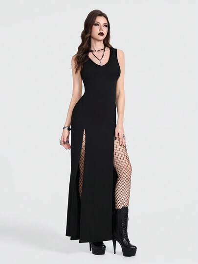 Breakform Gothic Music Festival  Women's Gothic Sexy V-Neck Hooded Fitted Side High Slit Dress