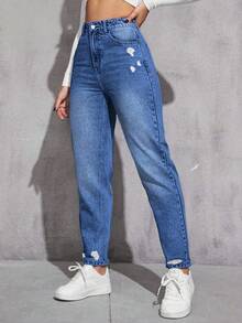 SHEIN ICON 女式高腰口袋做旧锥形休闲牛仔裤 - 中等水洗藍 - 查看 4