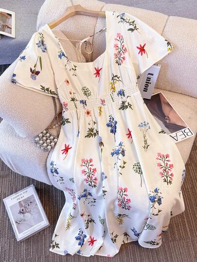 GlowEve CURVE Vestido corto de manga corta con cuello cuadrado, cintura ceñida y estampado floral fresco para mujer de talla grande, primavera/verano