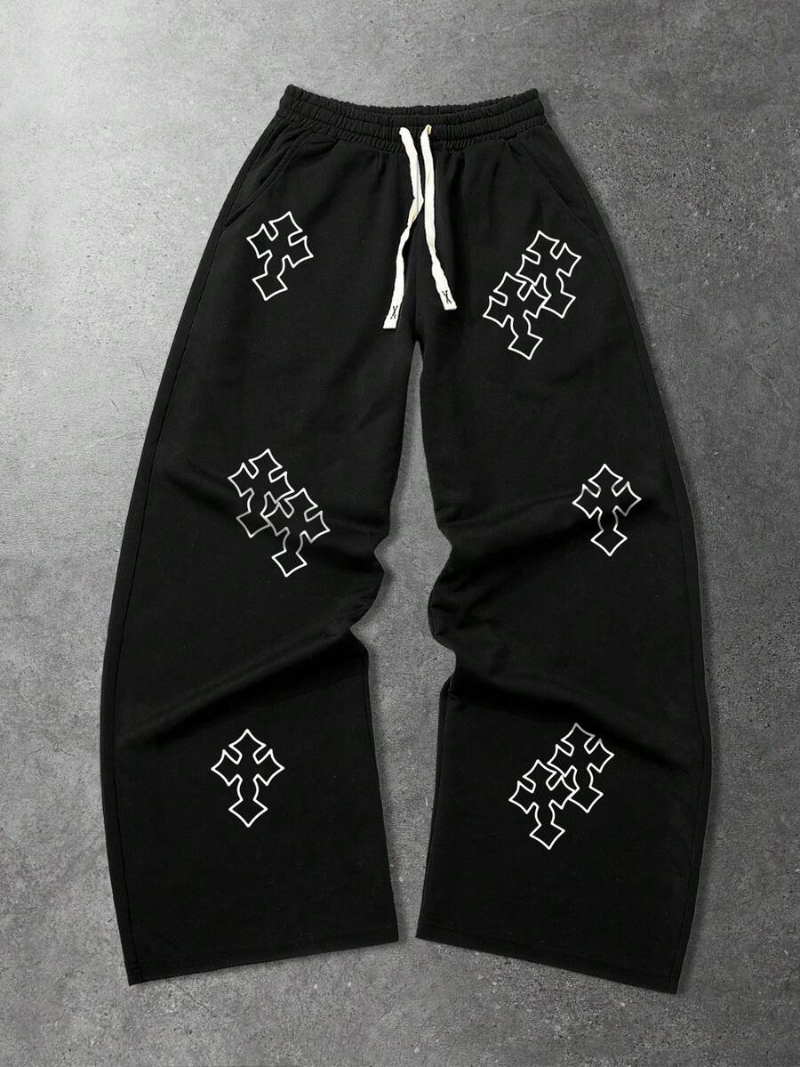 ROMWE MEN 男士交叉印花抽绳腰休闲宽松运动裤 - 黑色 - 查看 1