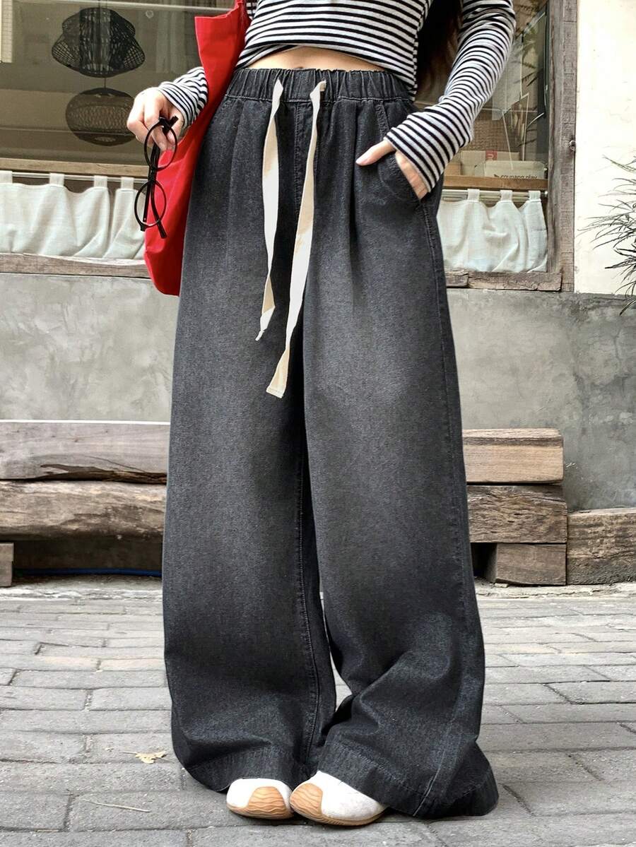 FRIFUL Women's Drawstring Waist Pockets Wide Leg Loose Casual Jeans - Black - View 1