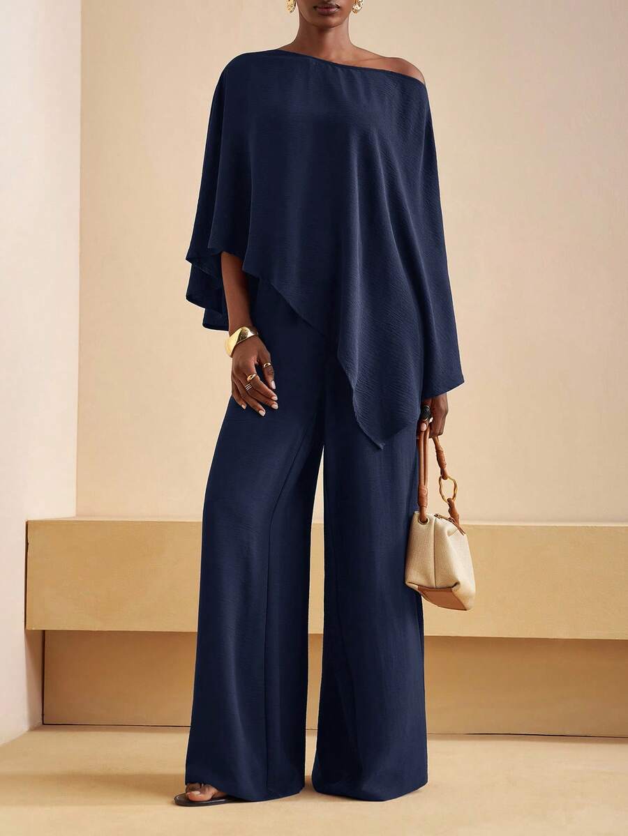 Zivah New New Fall And Winter Women Clothes Casual Commuting Brown Loose One-Shoulder Irregular Top + High Waist Wide-Leg Trousers Women Two Pieces Set, ,Back To School,Country Concert Outfit,Homecoming,Halloween,Christmas,Brunch Outfits For Women,Going Out Outfits , Church Outfits Women,Travel, Shopping-A