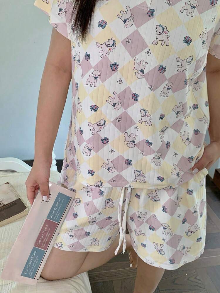 Dazy Plus Plus Size Women Cartoon Plaid Print Short Sleeve Top And Shorts Pajama Set