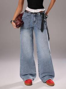 TRNVIE Fashionable Casual Retro Nostalgic Pocket Low-Waist Relaxed Fit Jeans - Medium Wash - View 7