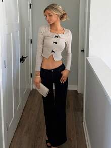 Sydney Algeri 女士方领蝴蝶结不对称长袖T恤 - 杏色 - 查看 6