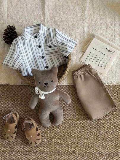 SHEIN Baby Boy Summer Fashion Versatile Stand Collar Short Sleeve White Shirt Paired With Casual Minimalist Shorts Set, Suitable For Vacation, Travel, Gatherings And Parties