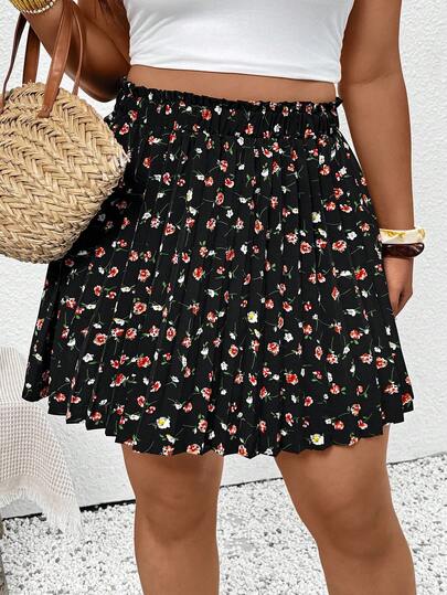 SHEIN Frenchy 大码女式碎花褶皱休闲百搭约会/旅行迷你裙