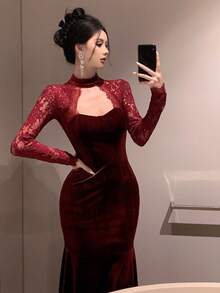 Dazy Tall Tall Women's Exclusive Stand Collar Long Sleeve Hollow Out Velvet Lace Splice Sleeve Elegant Sexy Casual Mid-Length Dress - Burgundy - View 1