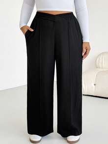 SHEIN Essnce Quần ống rộng cạp chun màu đen dành cho nữ cỡ lớn, thời trang xuân hè, dáng rộng thoải mái, đa năng, tôn dáng, chất liệu vải có họa tiết, thích hợp mặc hàng ngày, phối đồ mùa thu, quần nữ, kiểu dáng đơn giản, quần công sở. - màu đen - Xem 3