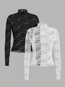 SHEIN Tall 2件套女士蕾丝网纱长袖性感上衣 - 彩色 - 查看 13