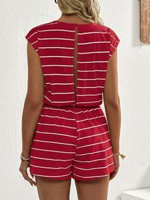 SHEIN Maternity Striped Print Round Neck Tie-Front Casual Jumpsuit, Summer - Red - View 2