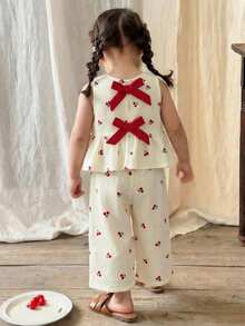 LMoss Kids 2pcs Baby Girl Ditsy Floral Woven Casual Vest And Pants Set - Multicolor - View 3