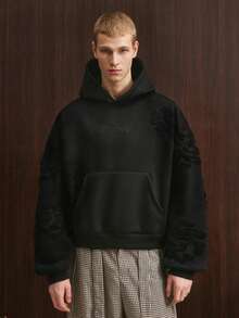 Men's Street-Style Popular INS Matching Tokvue Full Embroidery Hoodie, Daily Wear, Boyfriend/Husband Gift, Anniversary Gift, Black L - Black - View 4