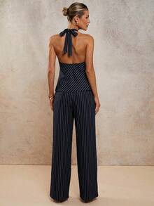 COSMINA 2pcs/Set Sleeveless Draped Neck Striped Navy Blue Top And Ankle Length Pants, Casual Minimalist Outfit - Navy Blue - View 2