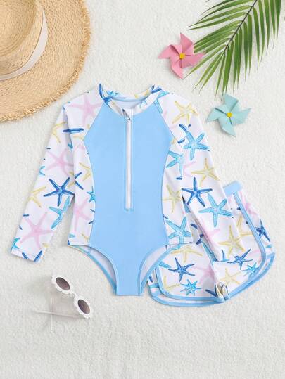 SHEIN GraphicGems Young Girl Light Blue Solid Color Patchwork Colorful Starfish Print Long Sleeve One-Piece Swimsuit, Suitable For Vacation & Beach Kids Girl Rash Guard Long Sleeve Rash Guard Girl Long Sleeve Swimsuit For Girls Girls Rash Guard Swimsuit Swimsuits For Kids With Sleeves Swimsuits For Kids Two Piece Bathing Suit Kids Two Piece Youth Swimsuit Two Piece Long Sleeve Toddler Swimsuit Swimsuit Long Sleeve And Shorts With Zipper Set For Youth Kids Girl Rash Guard 2 Piece