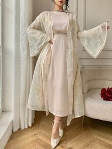 DAZY Vestido elegante de mujer con cuello redondo y mangas acampanadas, adornado con rhinestones, conjunto de 2 piezas, primavera/verano - Albaricoque - Ver 3