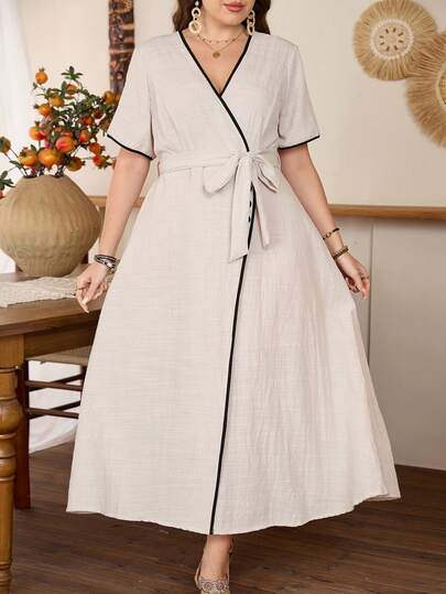 Lacomfia Fashionable & Comfortable Colorblock V-Neck Short Sleeve Plus Size Dress, Suitable For Spring And Summer Daily Wear