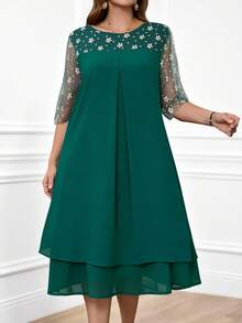 Miaspire Váy lưới chắp vá họa tiết hoa dự tiệc thanh lịch cỡ lớn - Màu xanh lá cây đậm - Xem 4