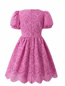 优雅红色花瓣袖A字连衣裙，适合大龄儿童，春夏款式，刺绣点缀，适合家庭聚会、庆祝活动和日常穿着。 - 玫紅色 - 查看 4