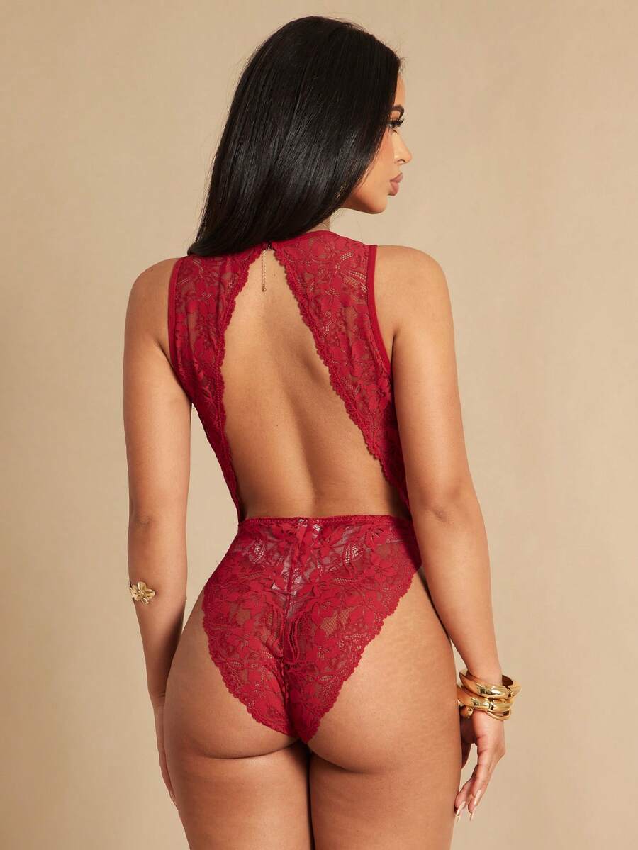 Silquee This Women's Red Lace-Trimmed, Sexy, Versatile Deep-V See-Through Bodysuit Is Perfect For Summer Vacations And Valentine's Day Parties, Exuding Elegance And Charm. - Burgundy - View 1