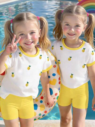 Spring And Summer 2-Piece Set, Baby Girls Casual Lemon Yellow & White Contrast Color Graphic Print T-Shirt And Bike Shorts, Comfortable Daily Wear