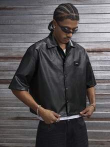 AXEPEAK Áo sơ mi nam tay ngắn cổ bẻ cài khuy đơn, chất liệu giả da PU, đính ngọc trai giả, thời trang, đa năng, phù hợp cho công sở. - màu đen - Xem 4