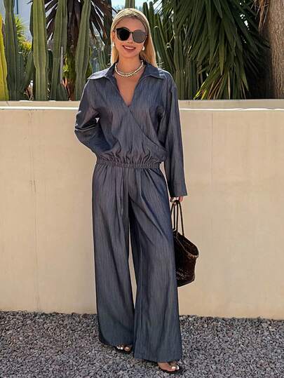 DAZY 女士纯色宽松斜领长袖衬衫和阔腿裤休闲度假夏季两件套