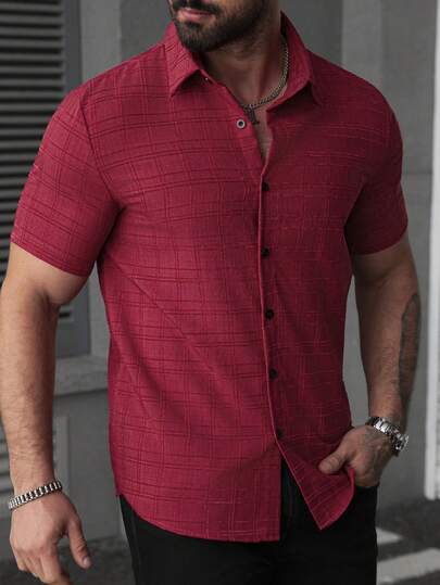 Manfinity CasualCool Men's Solid Color Straight Collar Short Sleeve Button-Front Casual Shirt, Versatile For Summer