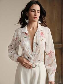 Anewsta Áo kiểu nữ mùa hè chất liệu chiffon dệt họa tiết jacquard màu trắng, tay dài, kiểu dáng thanh lịch, thích hợp cho kỳ nghỉ, mặc mùa xuân/hè. - trắng - Xem 3