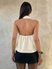 Aloruh 女士无袖露背吊带不对称下摆缎面上衣，复古优雅浪漫约会女士露脐上衣夏季外出上衣 - 杏色 - 查看 3