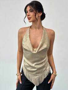 Firerie 优雅简约别致浪漫时尚通勤都市波西米亚度假音乐节派对深V领金属箔流苏露背金色吊带背心 - 金色 - 查看 7