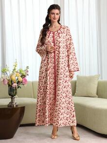 Al Najma Middle Eastern Style Cotton Crinkle Print V-Neck Slimming Arabic Dress - Multicolor - View 3