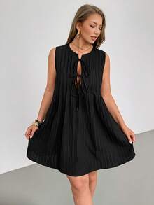 Auralis 大码女式休闲纯色无袖抽绳连衣裙 - 黑色 - 查看 3