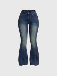 Sweetra Quần jeans ống loe dáng ôm, đính đinh tán, phong cách thường ngày. - Rửa tối - Xem 1