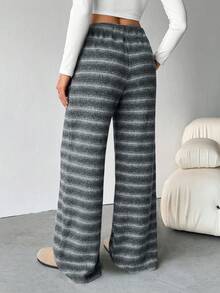 SHEIN Tall 女款舒適休閒簡約低腰抽繩寬腿條紋長褲套裝，舒適居家褲套裝，適合高個女性 - 灰色 - 查看 3