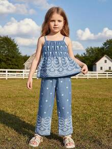 Young Girl Summer Casual Floral Print Ruffle Hem Camisole And Pants Set - Blue - View 7