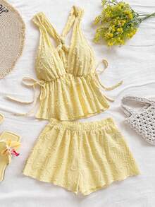 Soleia Women's 2pcs Summer Set Pale Yellow Boho Beach Vacation Holiday Textured Side Knot Camisole And Elastic Waist Shorts Set Carnival Outfits - Yellow - View 1