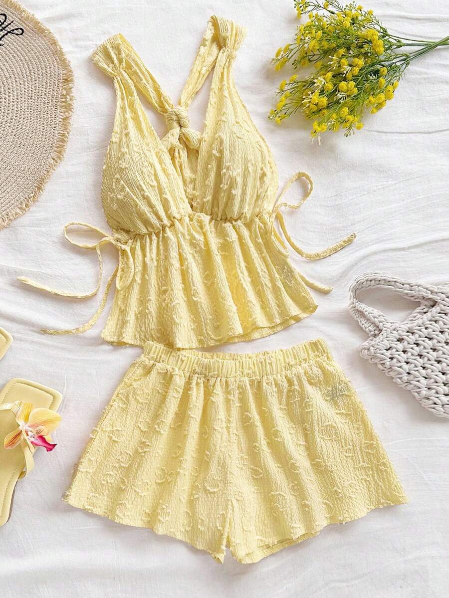 Soleia Women's 2pcs Summer Set Pale Yellow Boho Beach Vacation Holiday Textured Side Knot Camisole And Elastic Waist Shorts Set Carnival Outfits - Yellow - View 1