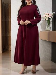 Modelyn Plus Size Pearl Decor Elegant Long Sleeve Dress Fall - Burgundy - View 4
