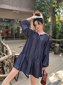 DAZY Đầm denim nữ kiểu Hàn Quốc cổ điển, dáng suông, viền bèo nhún. - Màu xanh lam - Xem 1