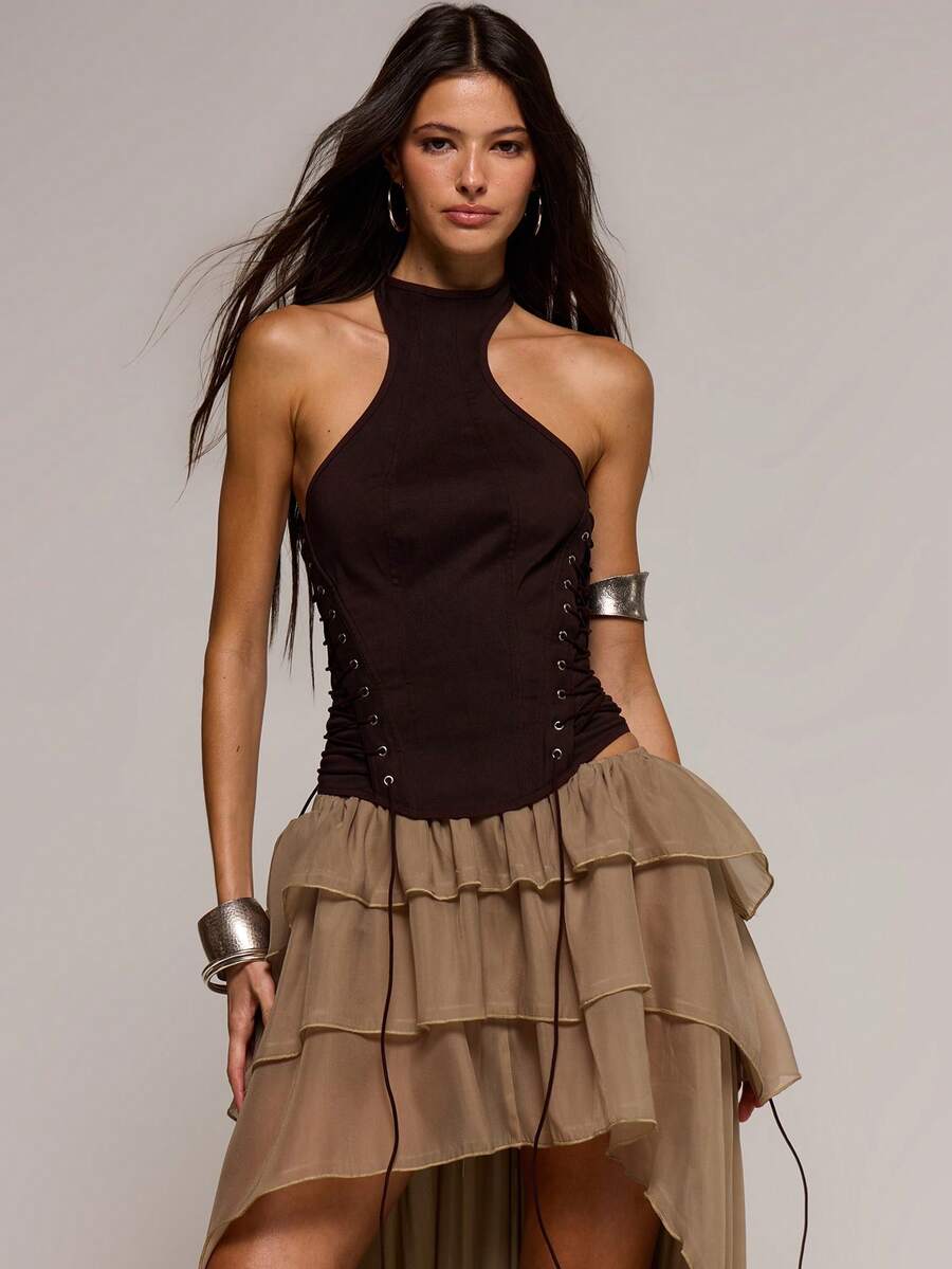 MUSERA Racerneck Canvas Lace Up Sides Fitted Longline Top Spring Summer Sexy Date Night Club Festival Holiday Night Out Vacation Soul Ties - Coffee Brown - View 1