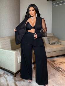 NU&NOW Conjunto de traje de talla grande con parches de malla transparente negra de diseño para ir al trabajo - Negro - Ver 5