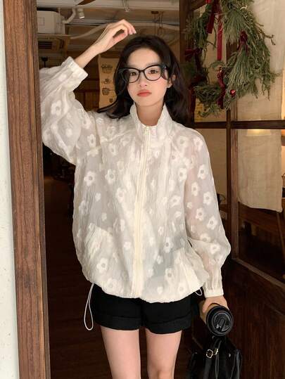 DAZY Women's Niche Rejuvenating Floral Jacquard Drawstring Jacket, Lightweight Long Sleeve Thin Outerwear, Versatile Summer New Arrival