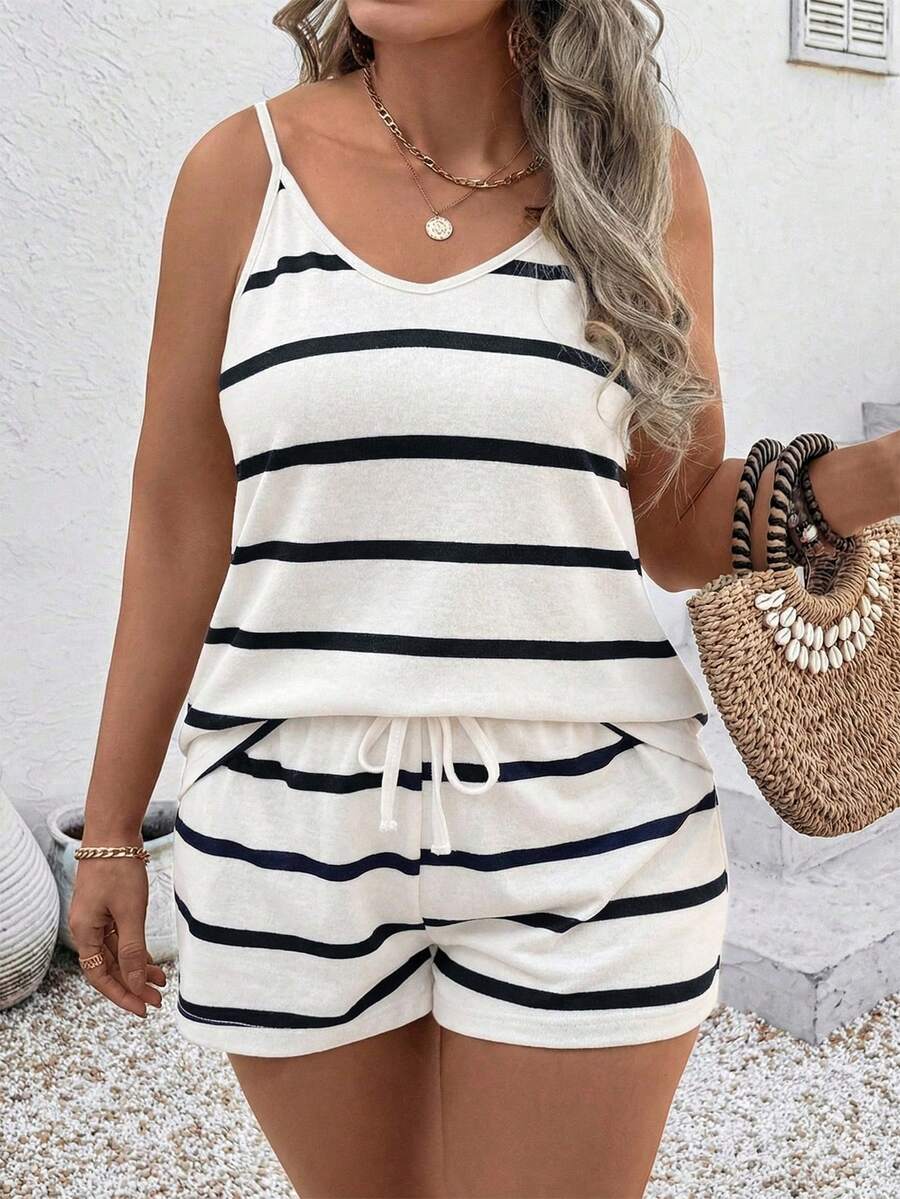 EMERY ROSE Plus Size Women Summer Casual Vacation Daily Commute Striped Print Camisole And Drawstring Waist Shorts Set - Multicolor - View 1