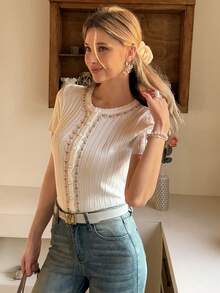 Livesso Lace Trim Casual Lightweight Cardigan For Women, Spring Carnival - Beige - View 4