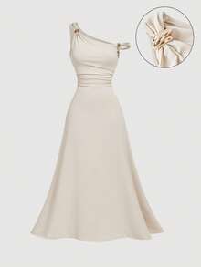 SHEIN MOD 女士优雅简约纯色不对称领口荷叶边腰身中长连衣裙，夏季 - 米色 - 查看 1