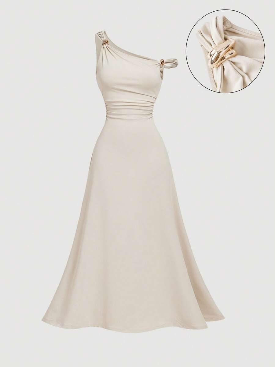 SHEIN MOD 女士优雅简约纯色不对称领口荷叶边腰身中长连衣裙，夏季 - 米色 - 查看 1