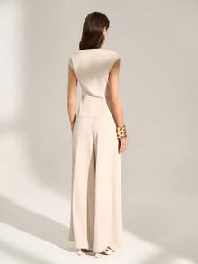 SHEIN Tall 女士优雅简约休闲通勤日常金属扣泡泡袖露脐上衣和高腰阔腿裤两件套，杏色，教师装 - 杏色 - 查看 9